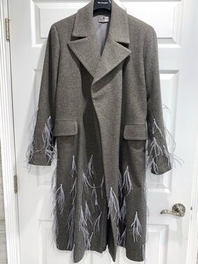 Ukraininan Concept Brand Gray Feather-Trim Wool Coat, One Size.